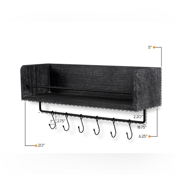 Rustic State Wall Mount Floating Wall Shelf with Rail and Hooks - Picture 2 of 7